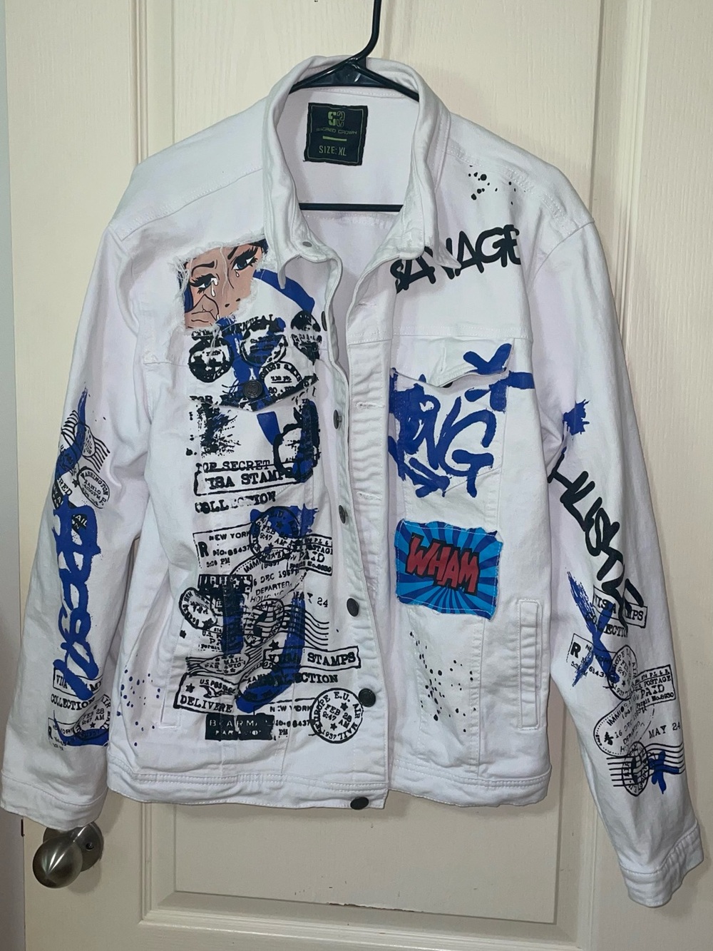 Sacred Crown White Graphic Painted Denim Jacket